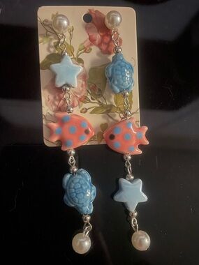 Hand Crafted Blue and Pink Ocean Sea Life Dangle Earrings